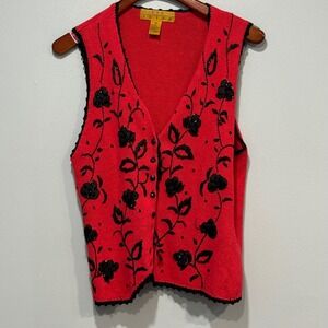 Eve Tyler Red Knit Vest Black Floral Embroidered Sequin Button Front Medium